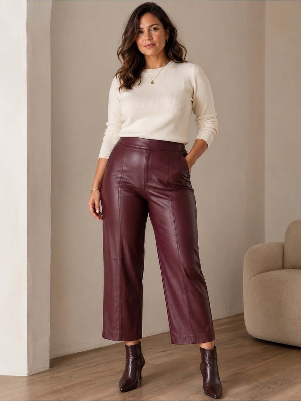 Ann Taylor Size 10 Burgundy Faux Leather Cropped Wide Leg Pants High Rise